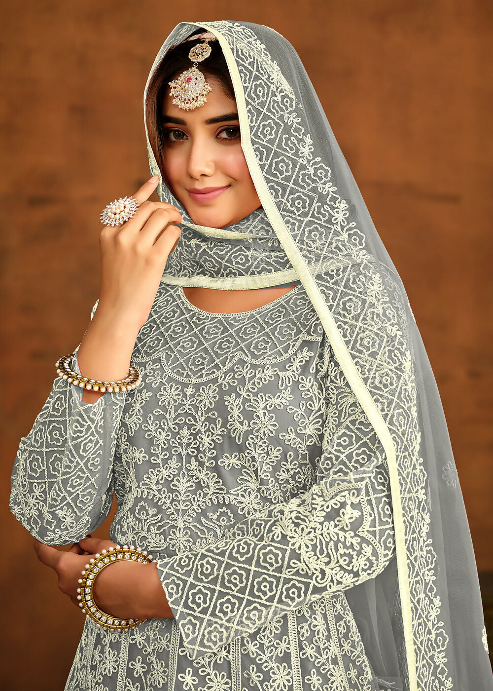 Grey All Over Embroidered Net Wedding Anarkali Suit - Emponline | Grocsy