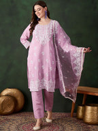 Sangria Lavender Floral Embroidered Thread Work Cotton Kurta & Trouser With Dupatta | Grocsy
