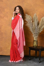Very Much Indian Pure Cotton Handloom Saree with Buttis & Sleek Border - Red | Grocsy