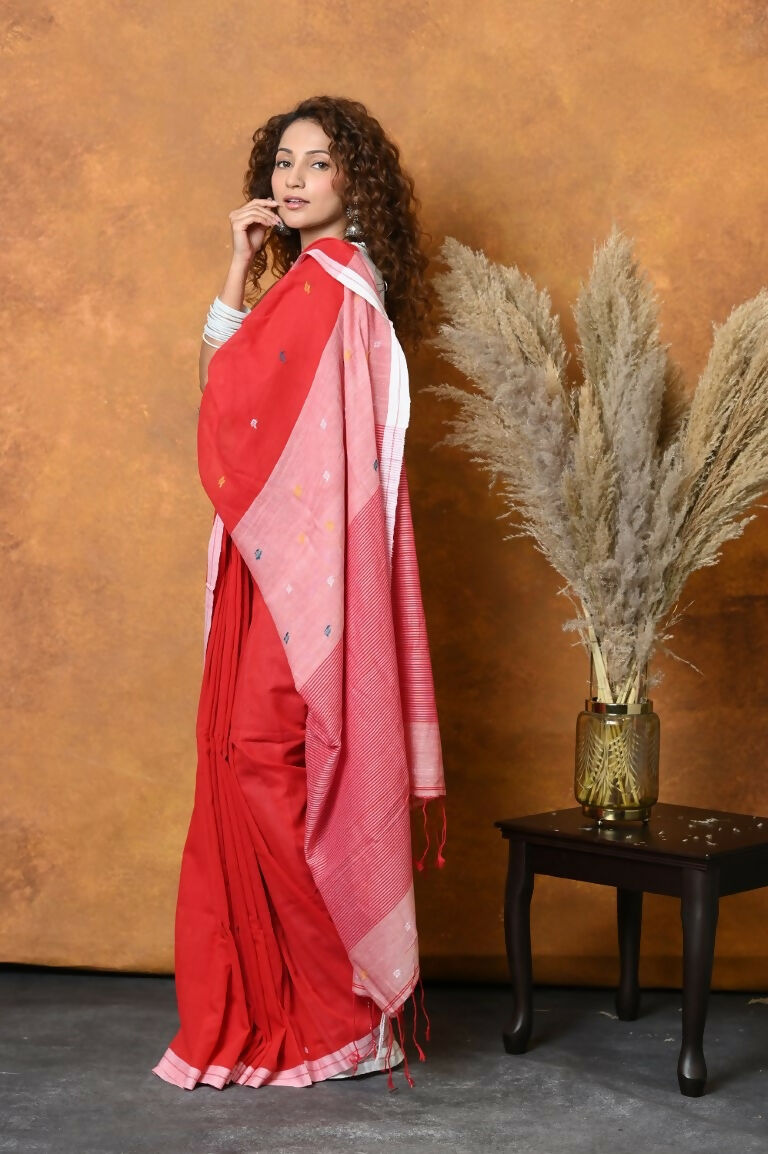 Very Much Indian Pure Cotton Handloom Saree with Buttis & Sleek Border - Red | Grocsy
