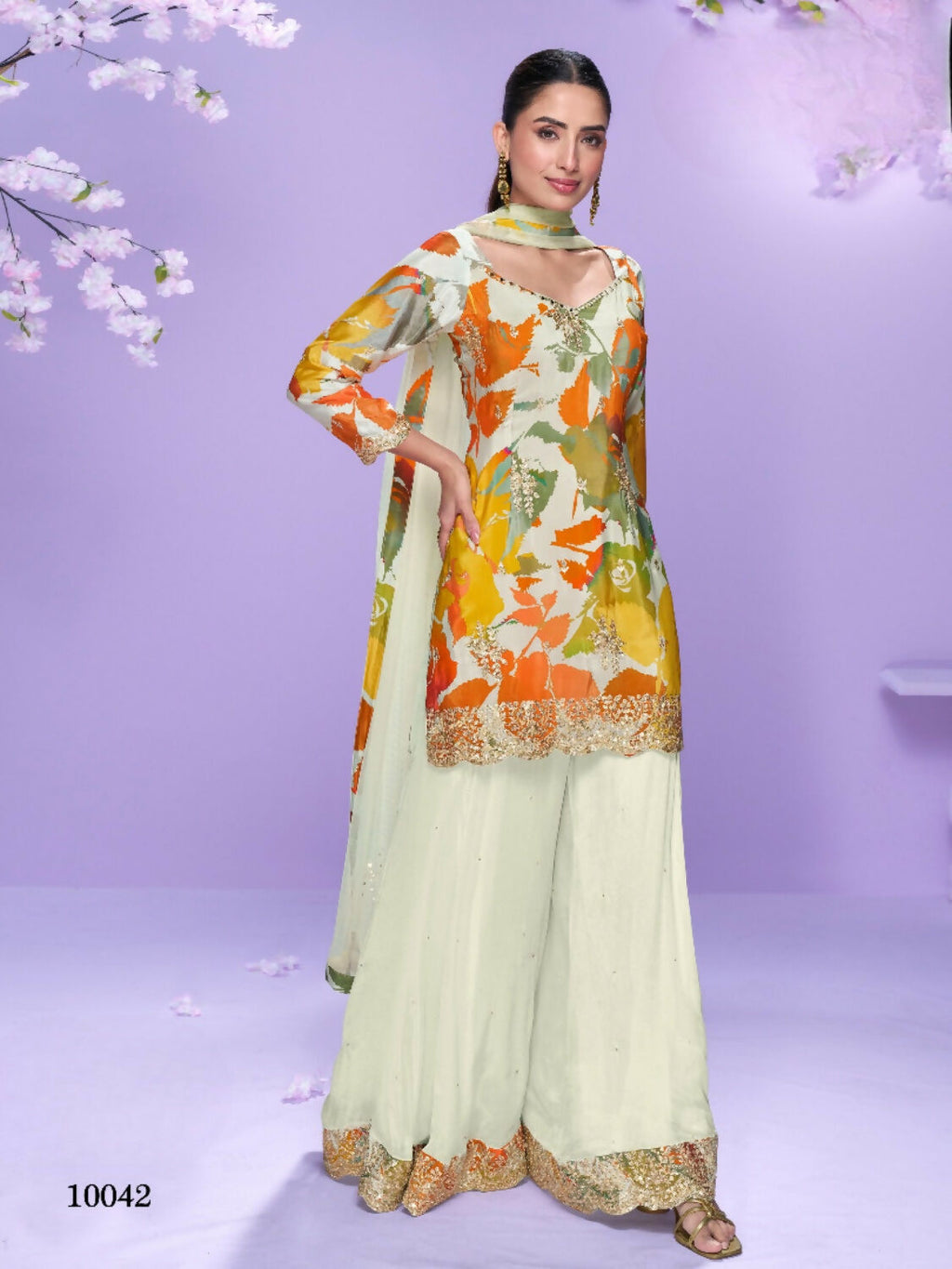 Anaita White Chinon Readymade Palazzo Suit with Digital Embroidery Work | Grocsy