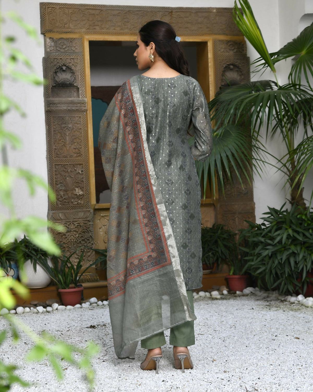 Vaasva Women's Chanderi Printed Suit Set With Pant And Printed Dupatta | Grocsy
