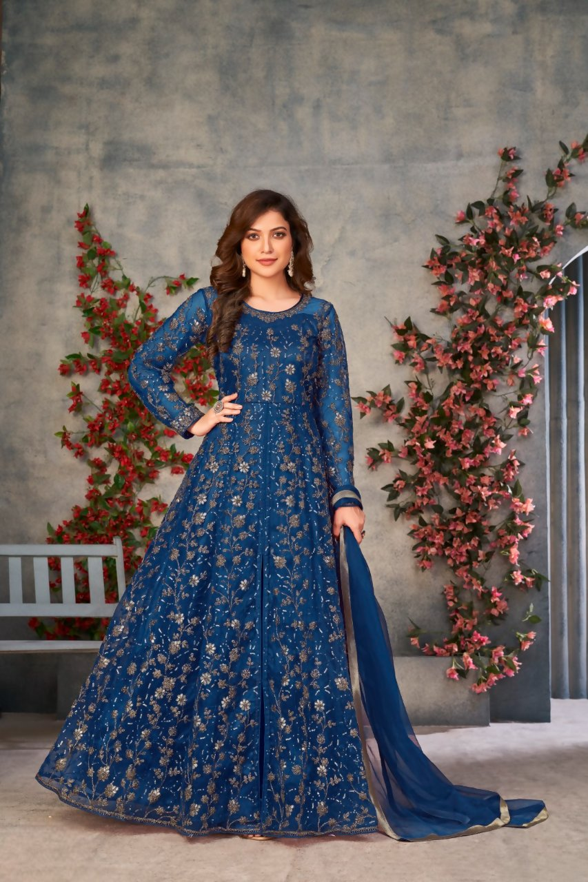 Anaita Blue Embroidered Net Stitched Anarkali suit | Grocsy