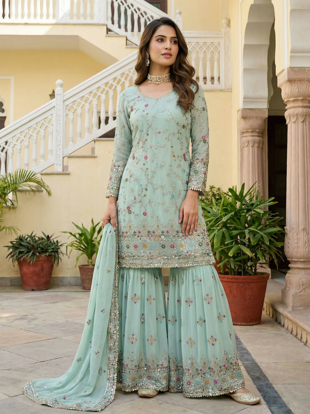 Teeya Creation Sky Faux Georgette Multi Thread Work Wedding Wear Sharara Set | Grocsy