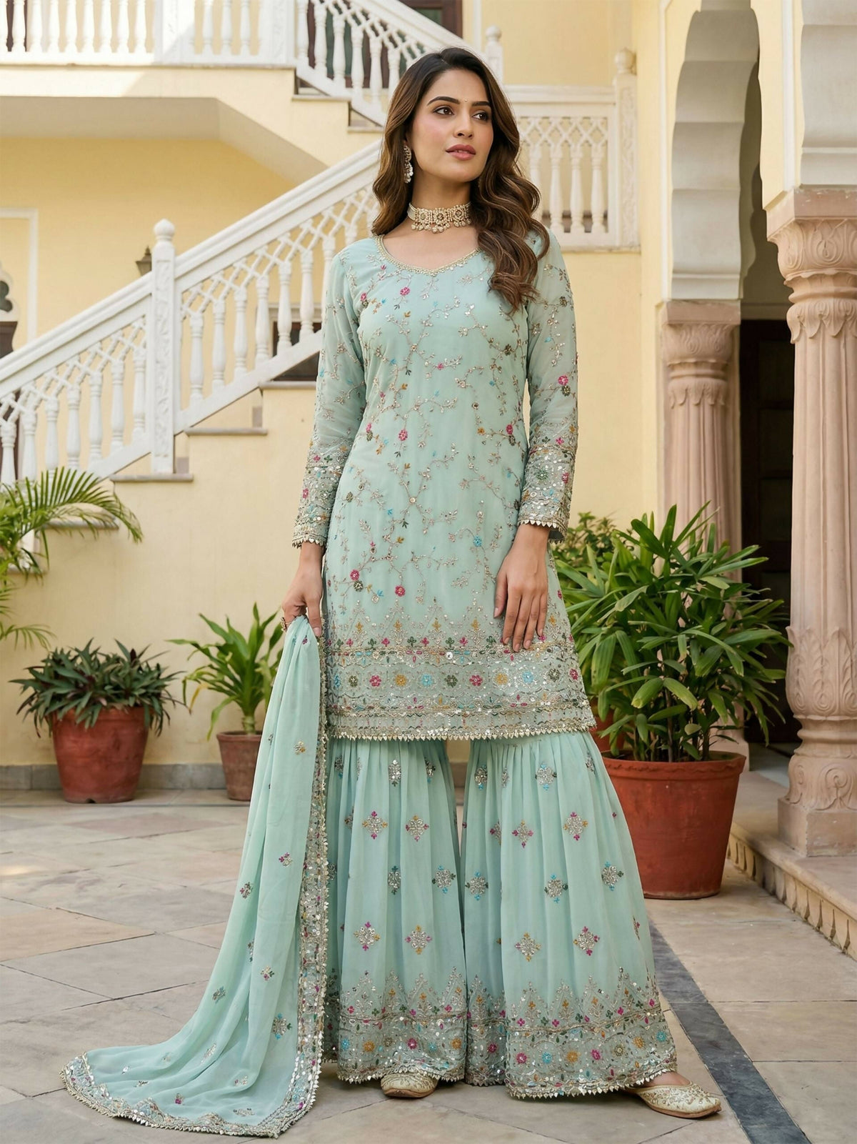 Teeya Creation Sky Faux Georgette Multi Thread Work Wedding Wear Sharara Set | Grocsy