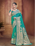 Sangam Prints Teal Green Silk Woven Work Traditional Saree | Grocsy