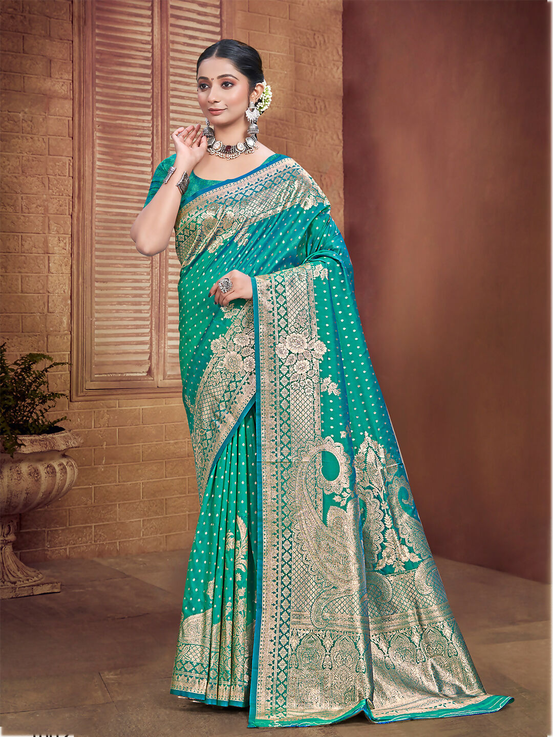 Sangam Prints Teal Green Silk Woven Work Traditional Saree | Grocsy