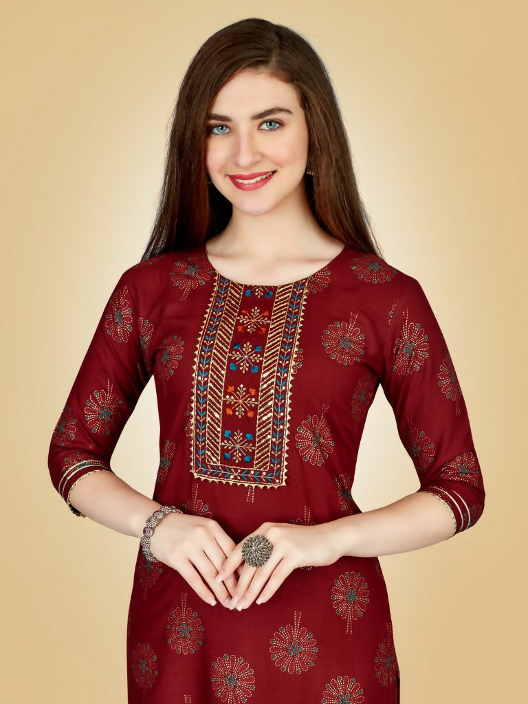 Jyoti Fashion Women's Maroon Viscose Rayon Embroidered Kurta Pant Set | Grocsy