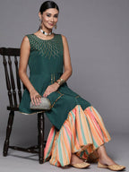 Ahalyaa Green Yoke Geometric Printed High Slit Sequinned Kurti with Sharara | Grocsy
