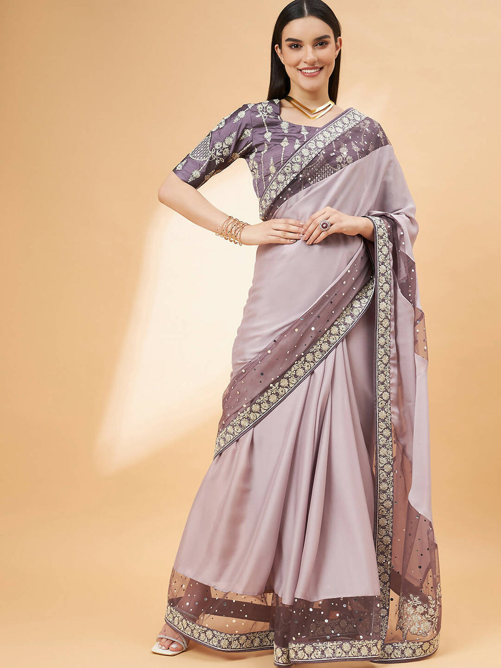 Mauve Silk Georgette Ribbon Embroidery Saree - Norita Hit Design | Grocsy