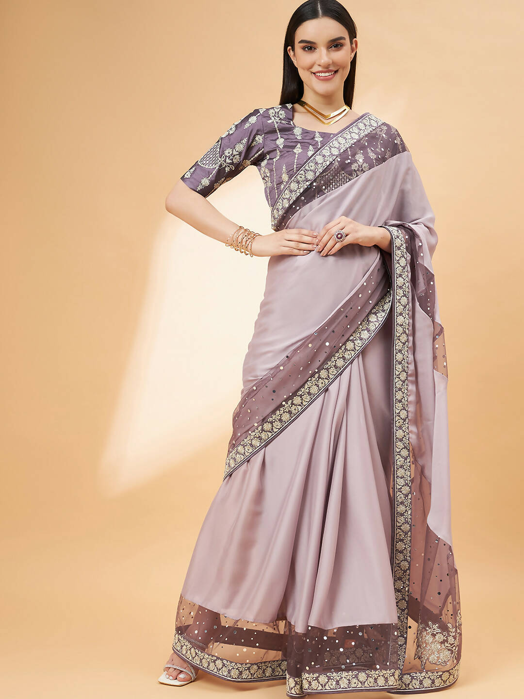 Mauve Silk Georgette Ribbon Embroidery Saree - Norita Hit Design | Grocsy