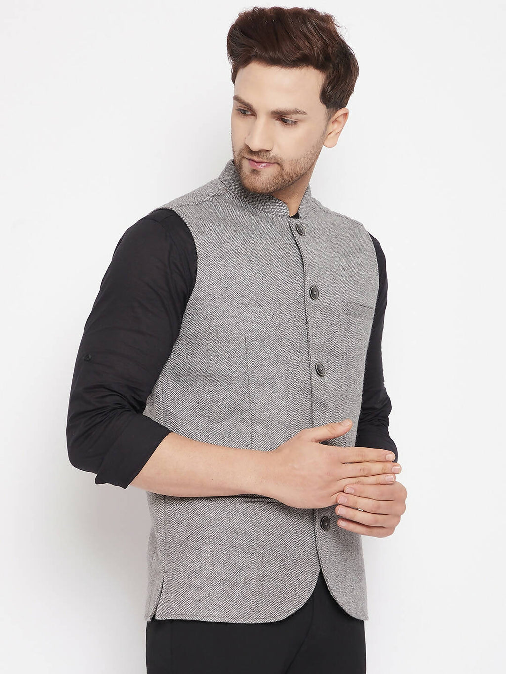 Even Apparels Grey Wool Men Woven Nehru Jacket WL730 | Grocsy