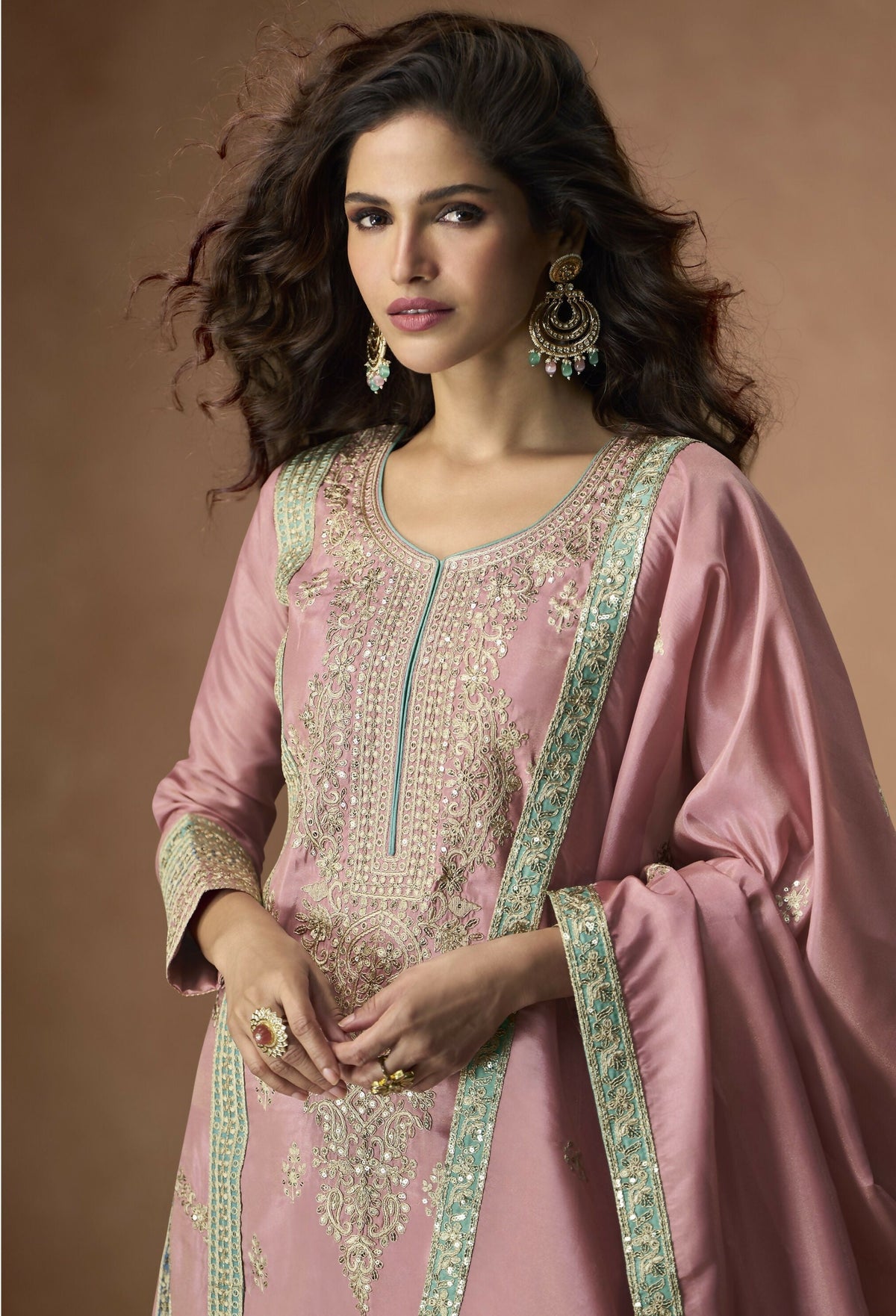 Anaita Pink Chinon Readymade Palazzo Suit with Embroidery Sequence Work | Grocsy