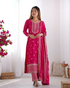 Teeya Creation Pink Color Pure Chinnon Silk Embroidery Work Functional Wear Salwar Suit | Grocsy