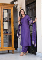 Juniper Women's Purple Zari Embroidered Cotton Kurta Set With Button Closure | Grocsy