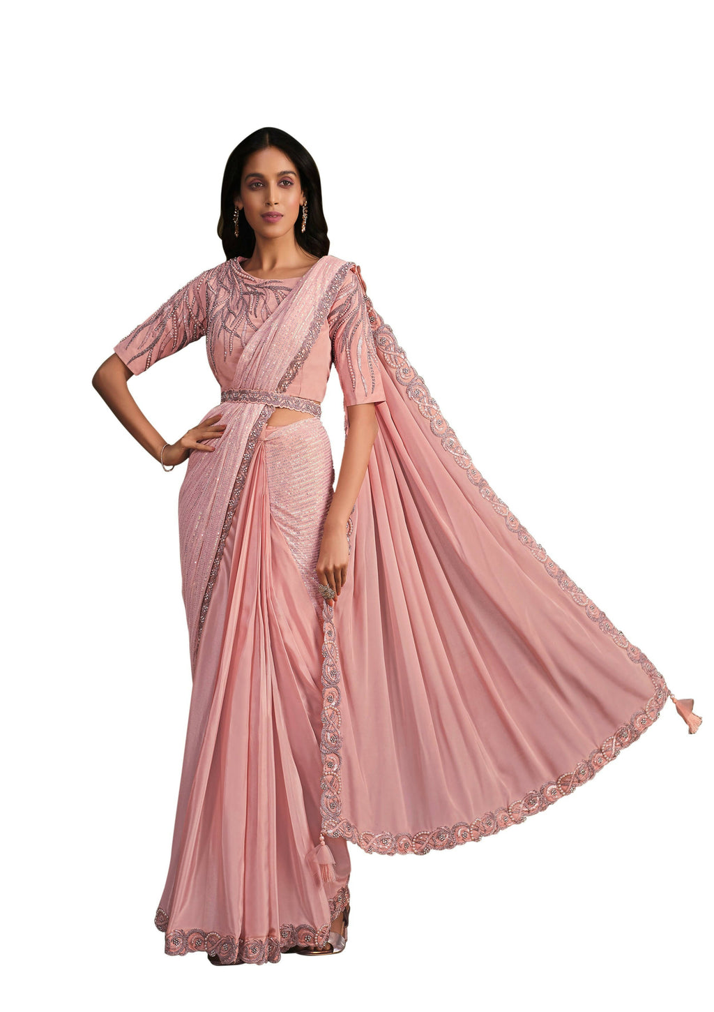 Peach Georgette Crepe Silk Sequence Embroidered Saree With Stitched Blouse - Mohmanthan La Belle | Grocsy