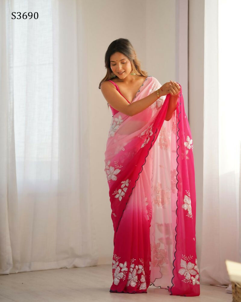 Pink Georgette Pedding Color, Embroidery Work Party Wear Saree - Erisha | Grocsy