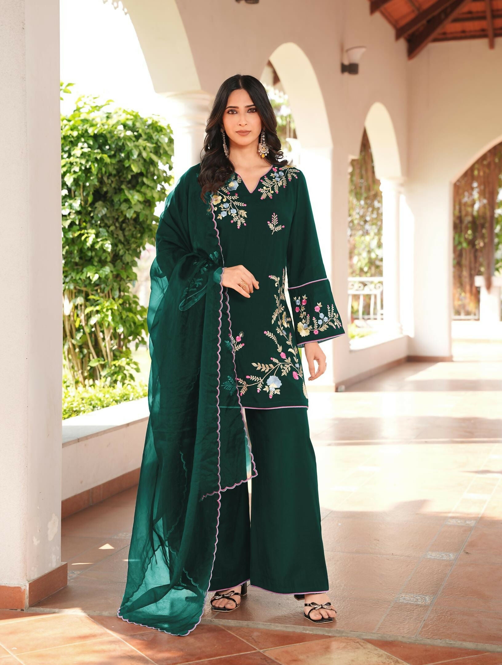 Nikhaar Dark Green Embroidered Art Silk Stitched Straight Cut Kurta Culottes Dupatta Readymade Suit | Grocsy