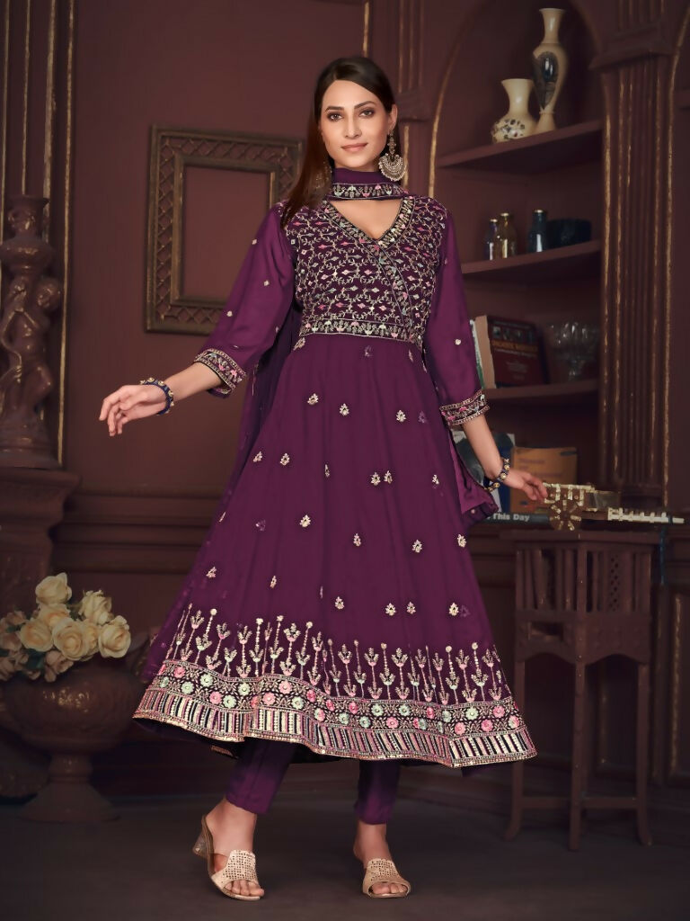 Jyoti Fashion Women's Purple Georgette Embroidered Anarkali Kurta Pant Set With Dupatta | Grocsy