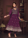 Jyoti Fashion Women's Purple Georgette Embroidered Anarkali Kurta Pant Set With Dupatta | Grocsy