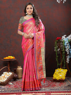 Lorenvalley Fashion Pink Kanjivaram Silk Woven Design with Zari Weaving Saree | Grocsy