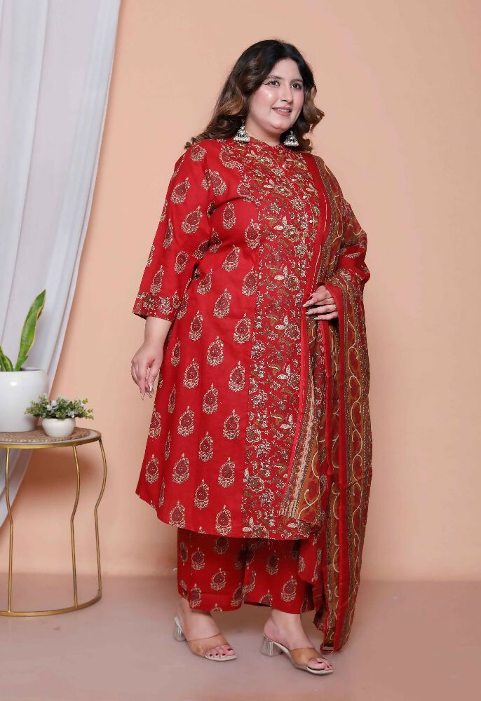 Miravan Women Floral Print Cotton Maroon Stitched Kurta Palazzo With Dupatta Set | Grocsy