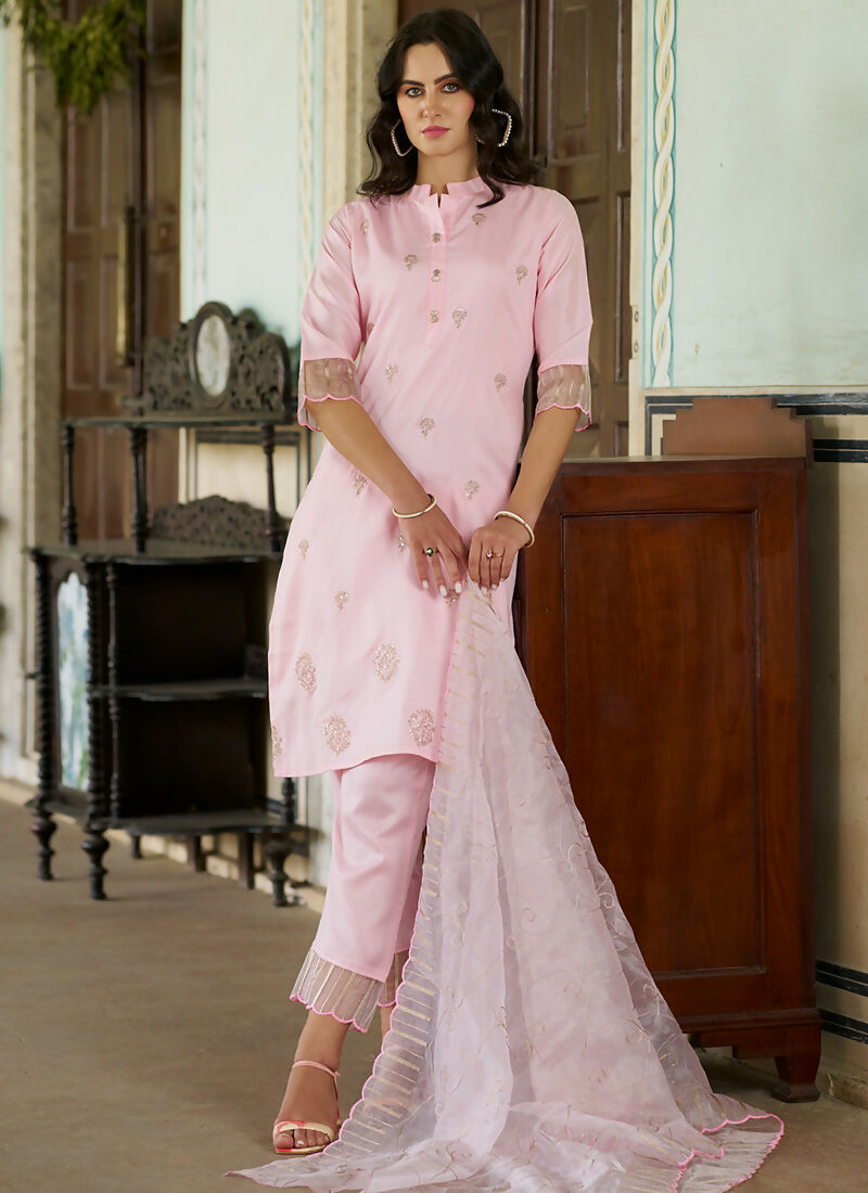 Vellora Baby Pink Silk Blend Casual Embroidered Readymade Suit | Grocsy
