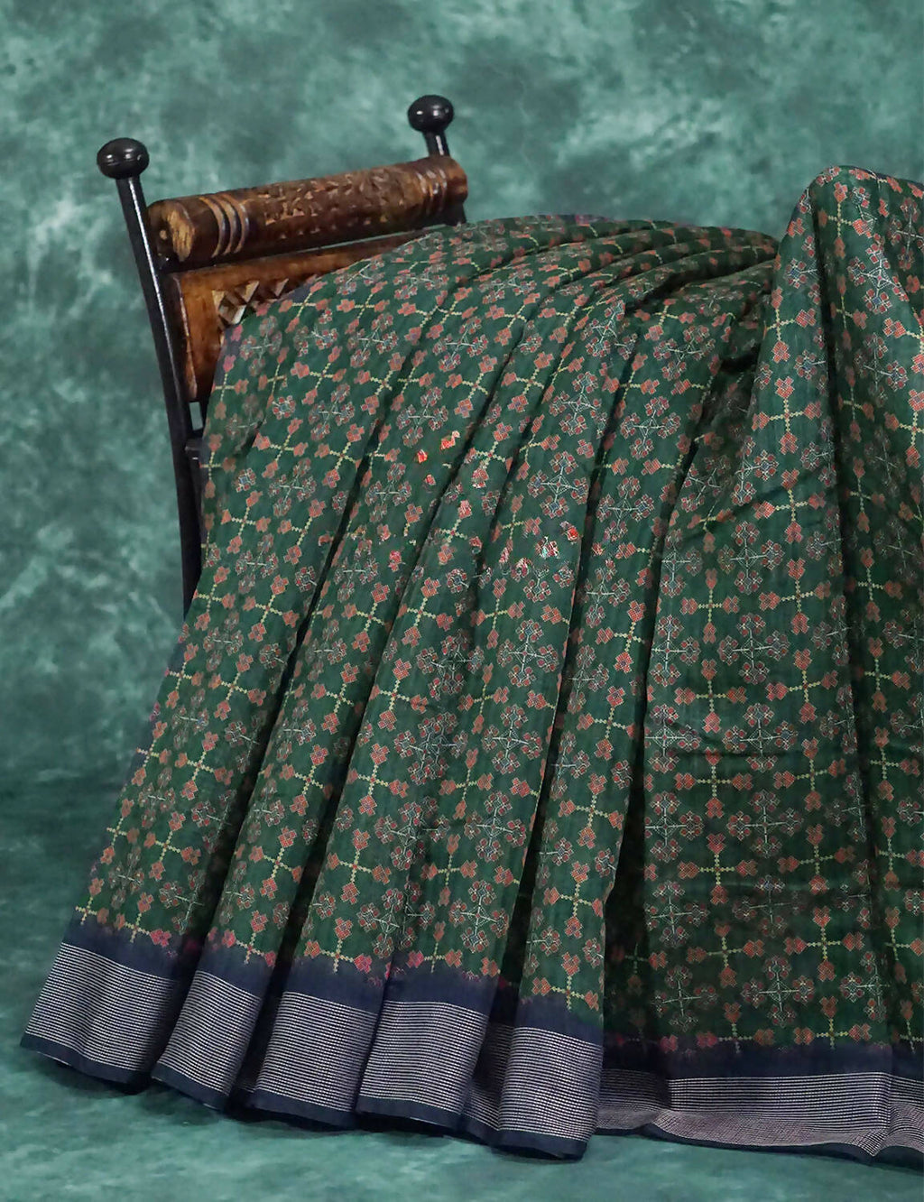 Dark Green and Navy Blue Geometrical Print Semi Chanderi Saree By Gayathri Reddy Designer Studio | Grocsy