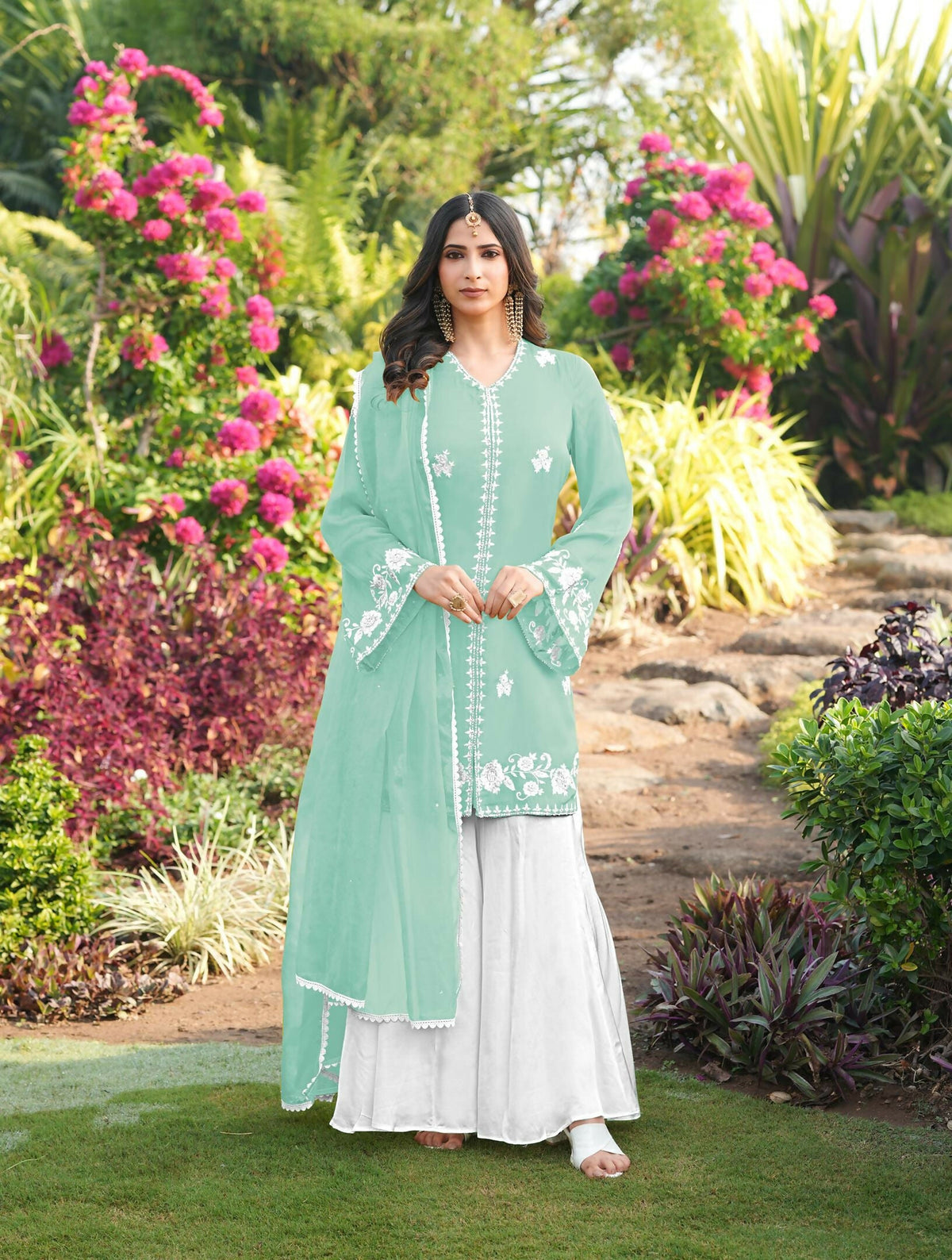 Nikhaar Light Green Embroidered Modal Silk Stitched Straight Cut Kurta Kalidar Palazzo Dupatta Readymade Suit | Grocsy