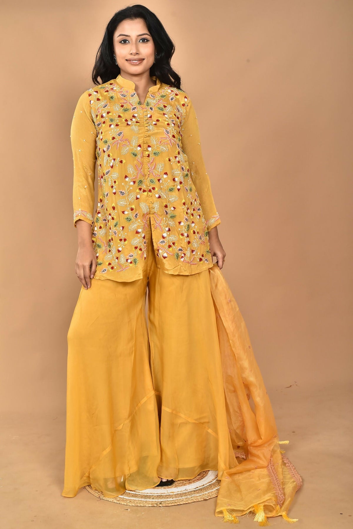 Morchari Women And Hand Embroidery Palazzo Set-Yellow | Grocsy