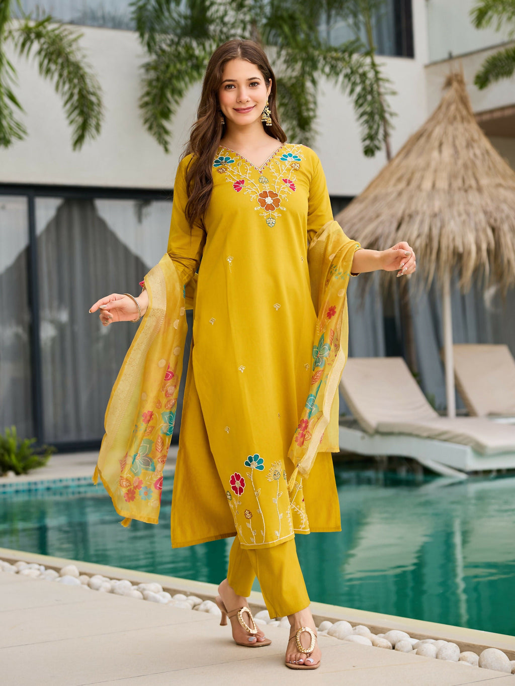 The52 Yellow Women's Gorgeous Embroidered work Viscose Gadhwal Fabric Straight Kurta, Pant and Dupatta Set | Grocsy