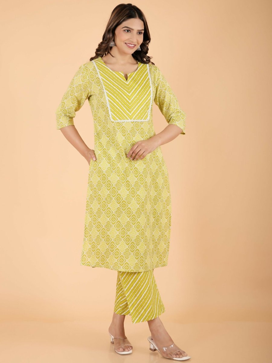 Aramya Green Soft Cotton Geometric Print Straight Kurta Set for Women | Grocsy