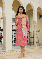 Kaajh Women's Pink Cotton Floral Printed Kurta Pant With Dupatta Set | Grocsy