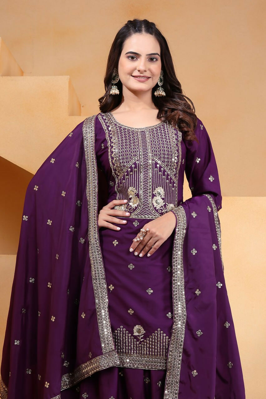 Joban Fashion Wine Crepe Embroidered Sharara Set | Grocsy