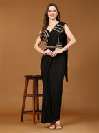 Black Polyester Solid Ready to Wear Saree with stitched Blouse - Nita | Grocsy