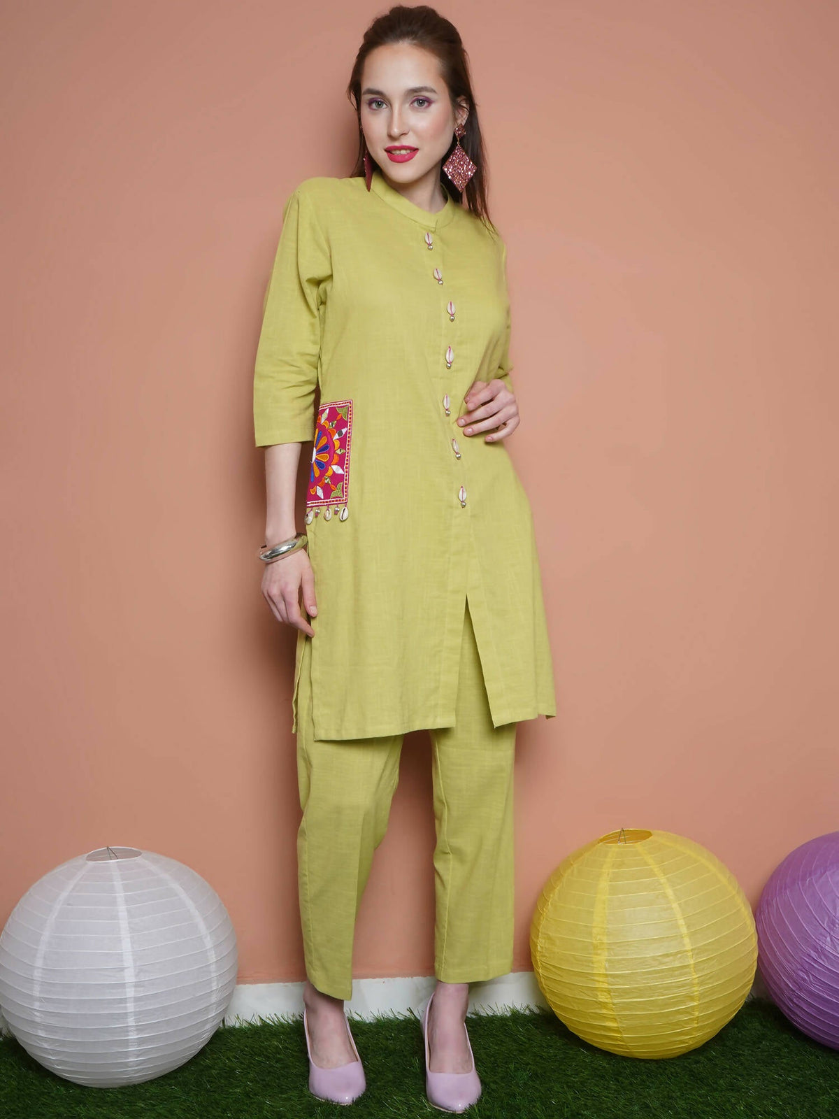 Women Republic Green Cotton Kurta Set With Embroidered Pockets | Grocsy