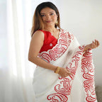 Joban Fashion Silk Blend Off White & Red Saree | Grocsy