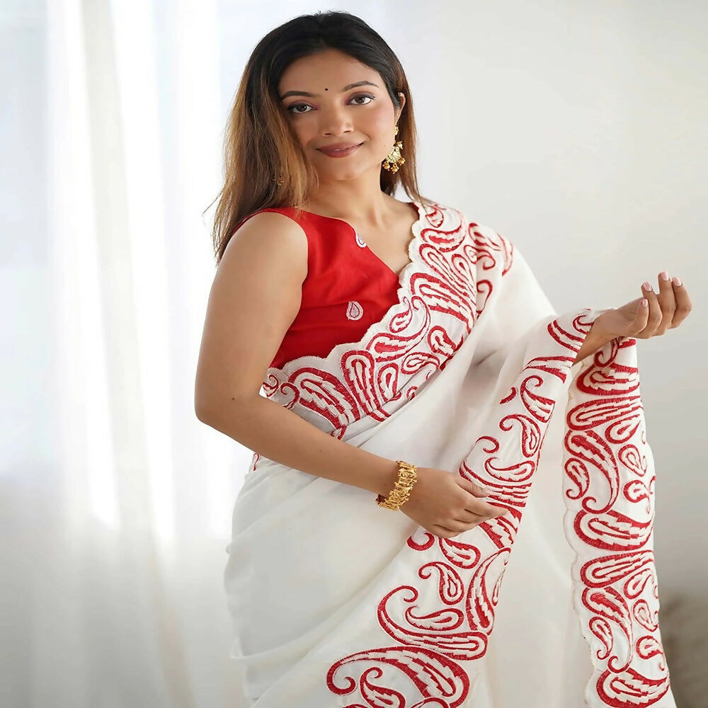Joban Fashion Silk Blend Off White & Red Saree | Grocsy
