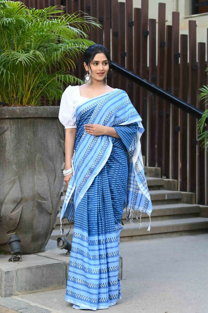 Beatitude Blue Cotton Tanchori Handloom Saree | Grocsy