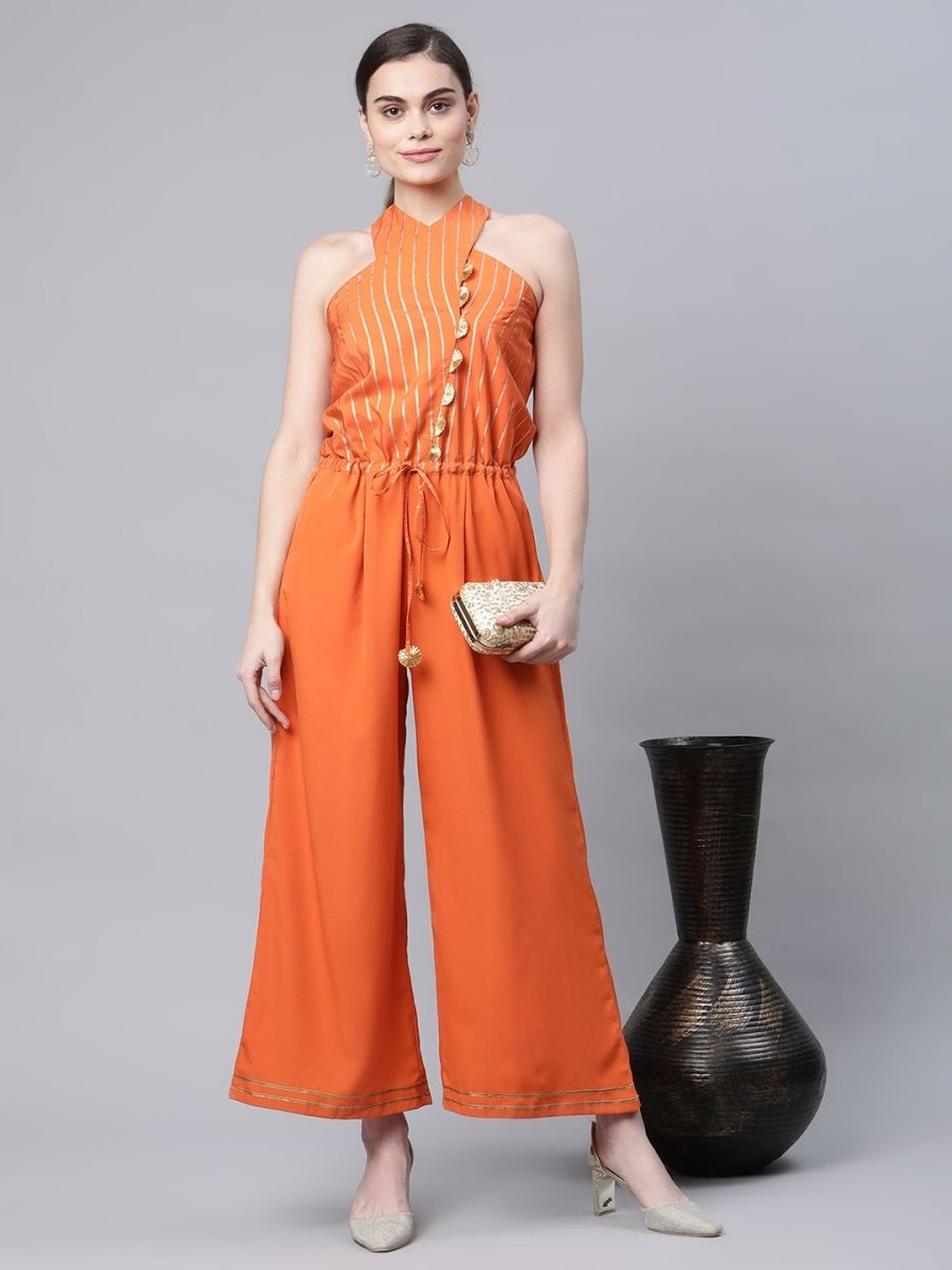 Ahalyaa Womens Orange Crepe Gold Stripped Print Jumpsuit | Grocsy