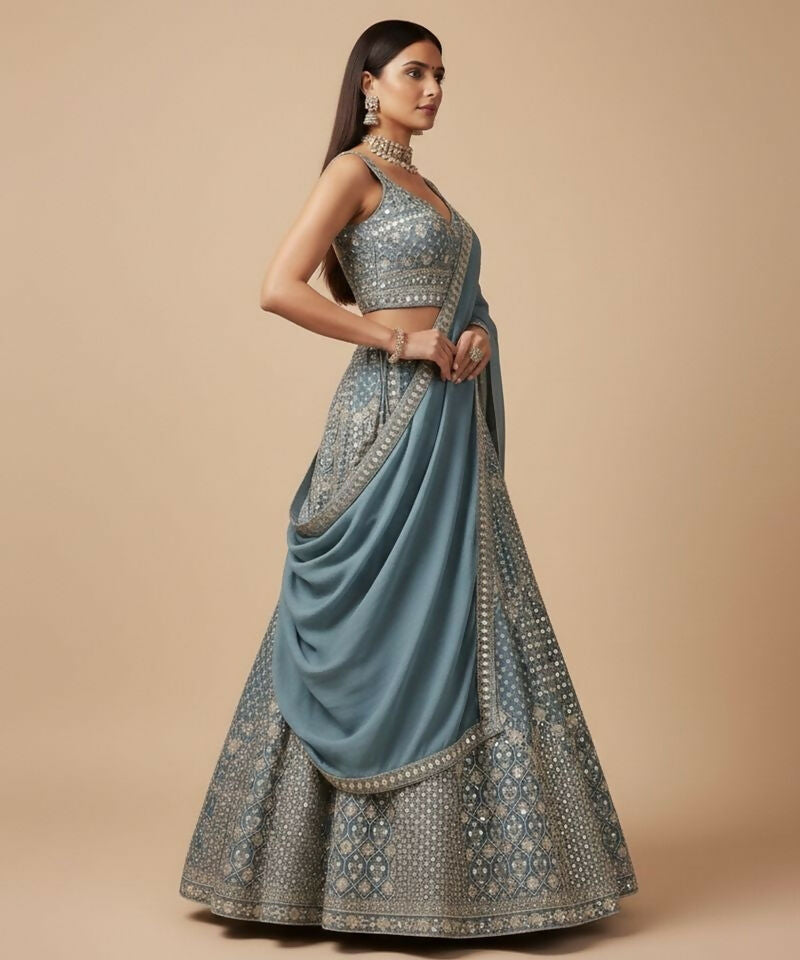 Lehenga Mart Dustyblue Star Faux Georgette Designer Bollywood Style Wedding Wear Lehenga Choli | Grocsy