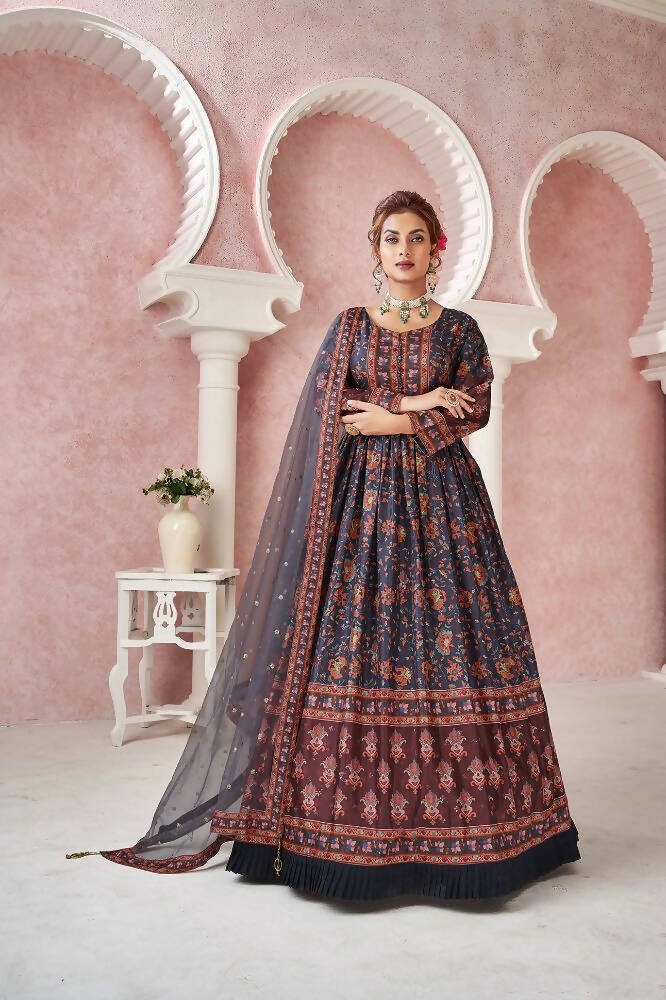 Everywhere Designer Navy Blue Dola Silk Gown With Dupatta - Anbazaar | Grocsy