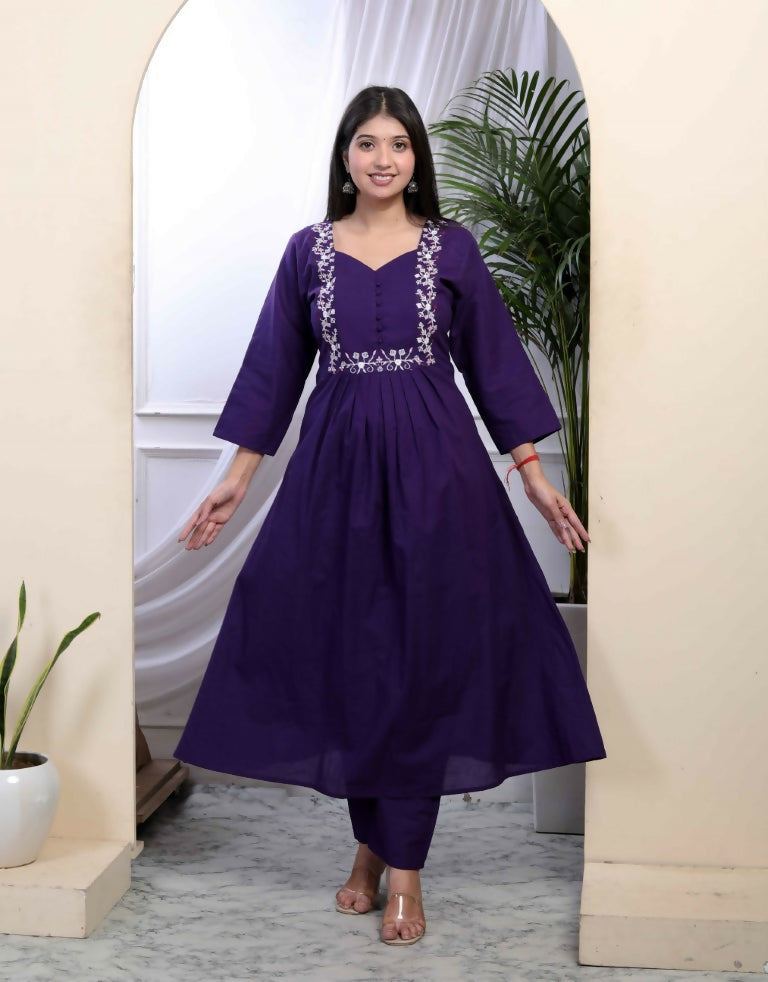 Miravan Women's Purple Embroidered Sweetheart Neck & Accordion Pleated Solid A-Line Kurta And Palazzo Set | Grocsy
