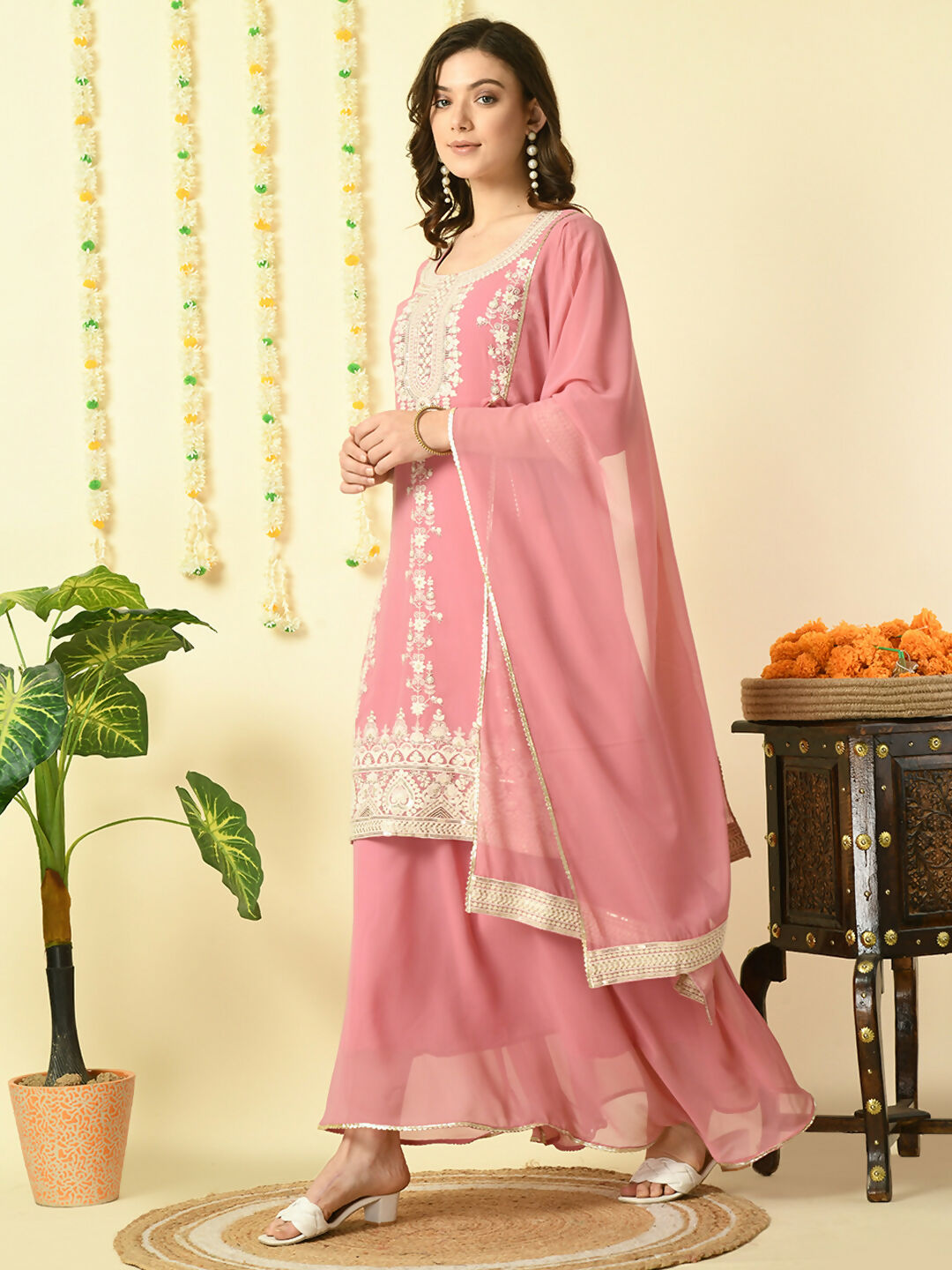 Myshka Women's Pink Georgette Kurta & Skirt With Dupatta Party Sets | Grocsy