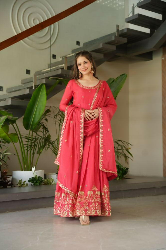 Vastranavya Gajri Chinnon with Embroidery Zari Sequins Work Gown | Grocsy