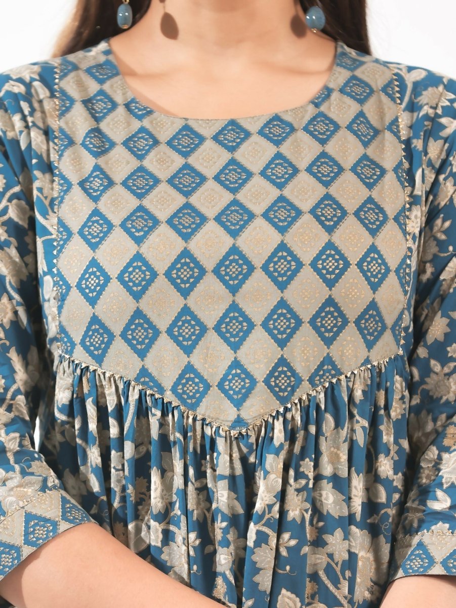 Aramya Blue Soft Cotton Gold foil Print A-line Kurta Set for Women | Grocsy