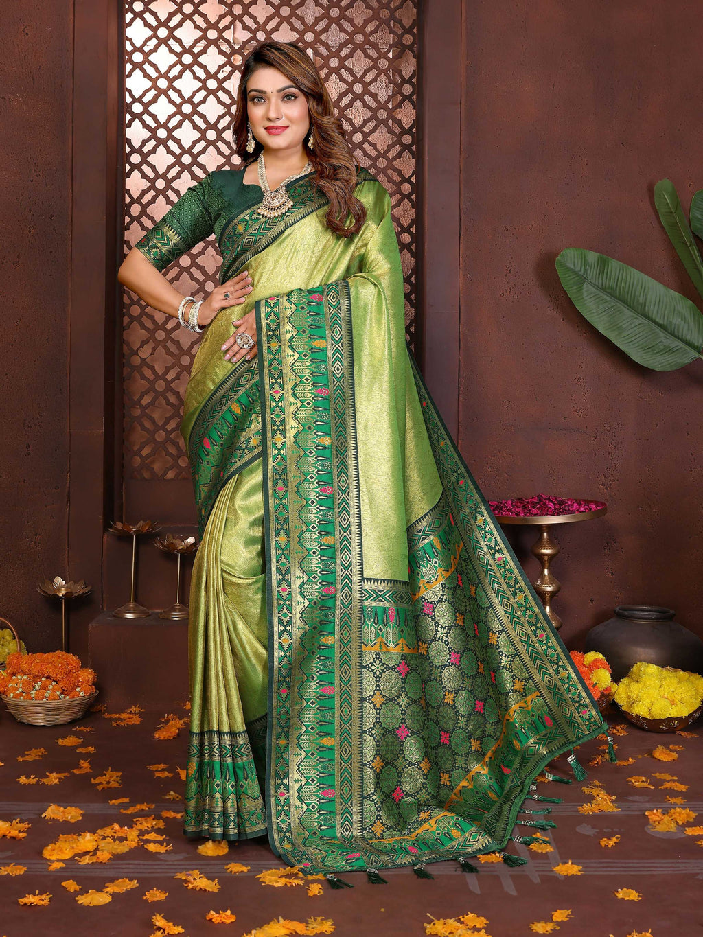 Aastha Fashion Pista Tissue Silk Weaving Saree | Grocsy