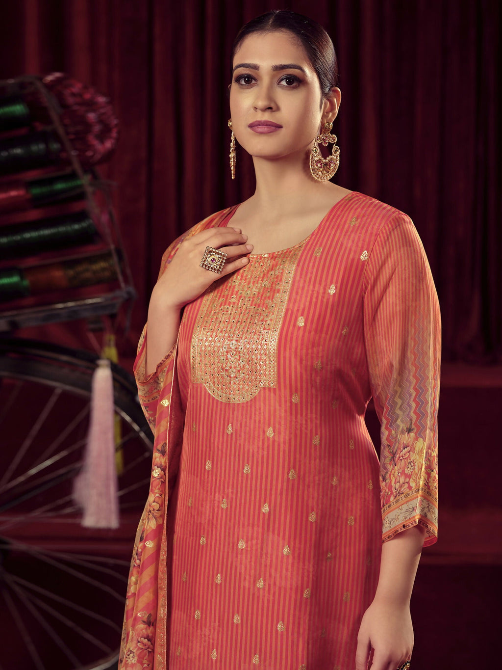 Jyoti Fashion Women's Orange Organza Jacquard Woven Kurta with Trouser & Dupatta | Grocsy