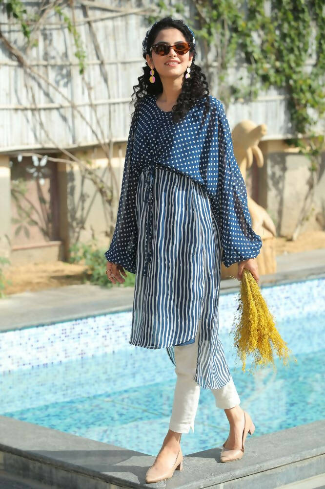 Juniper Women Navy Georgette Bandhani High-Low Tunic | Grocsy