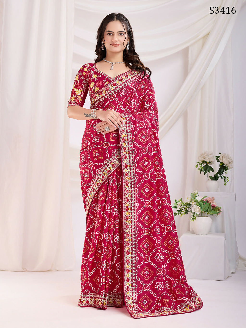 Red Vichitra Silk Bandhani Printed, Embroidery Work Saree - Ditya | Grocsy